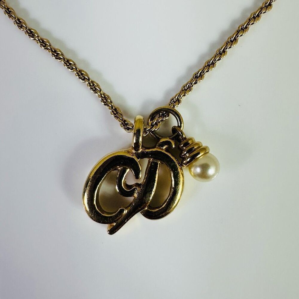 Dior CD Logo Faux Pearl Pendant Necklace Gold Tone‎